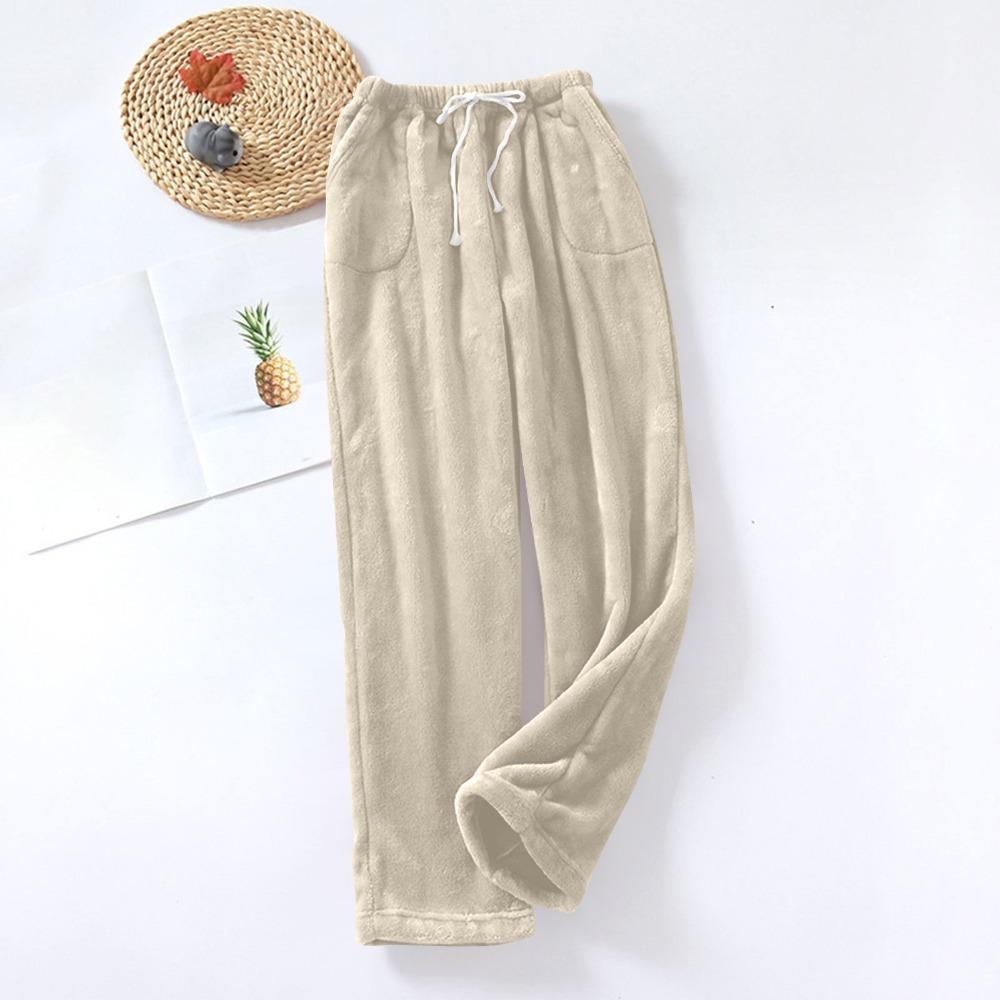Women's Fuzzy Fleece Wide Leg Pajama Pants Elastic Drawstring Waist Warm Loungewear Sleep Trousers With Pockets