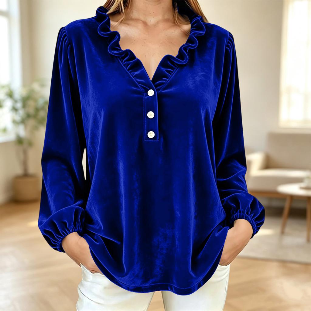 Women's Velvet Long Sleeve V-Neck Blouse with Ruffle Collar