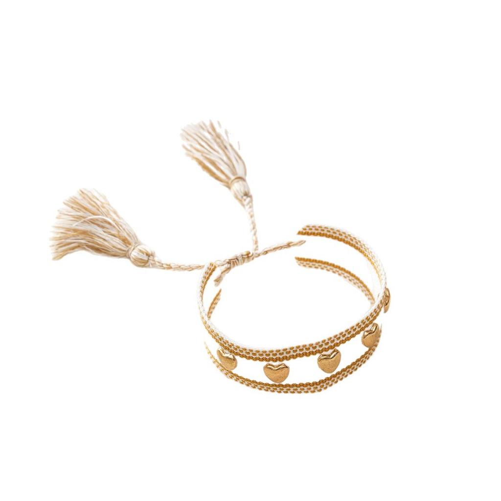 Gold Heart-Shaped Rivet Woven Friendship Bracelet with Tassel