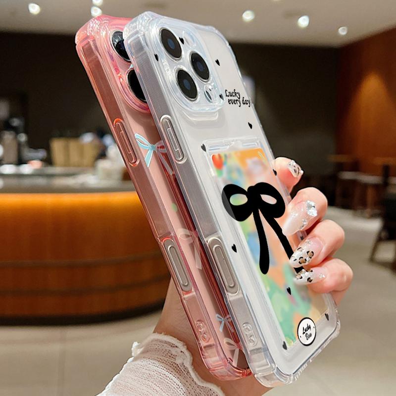Colorful Bowknot Pattern Card Slot Phone Case for iPhone 16 Pro 15 14 13 12 Pro Max 11 Shockproof Transparent Soft Tpu Lens Protection Slim Cover