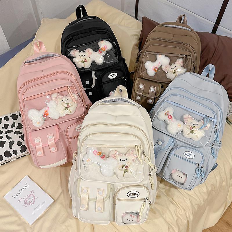 Color Solid Simple Student Backpack With Transparent Compartment And Decor Doll
