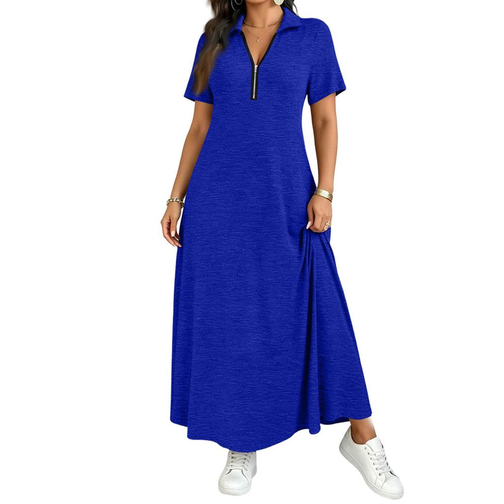 Women Short Sleeve Polo Collar Maxi Dress with Front Zipper Casual Solid Color Long Dress for Spring Summer French Style