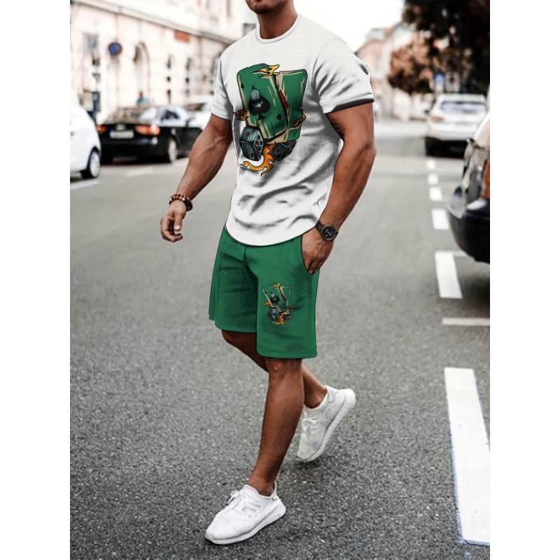 

Men s Summer 3D Printed Outdoor Casual Set, T-Shirt & Knee-Length Shorts Suit for Adults S