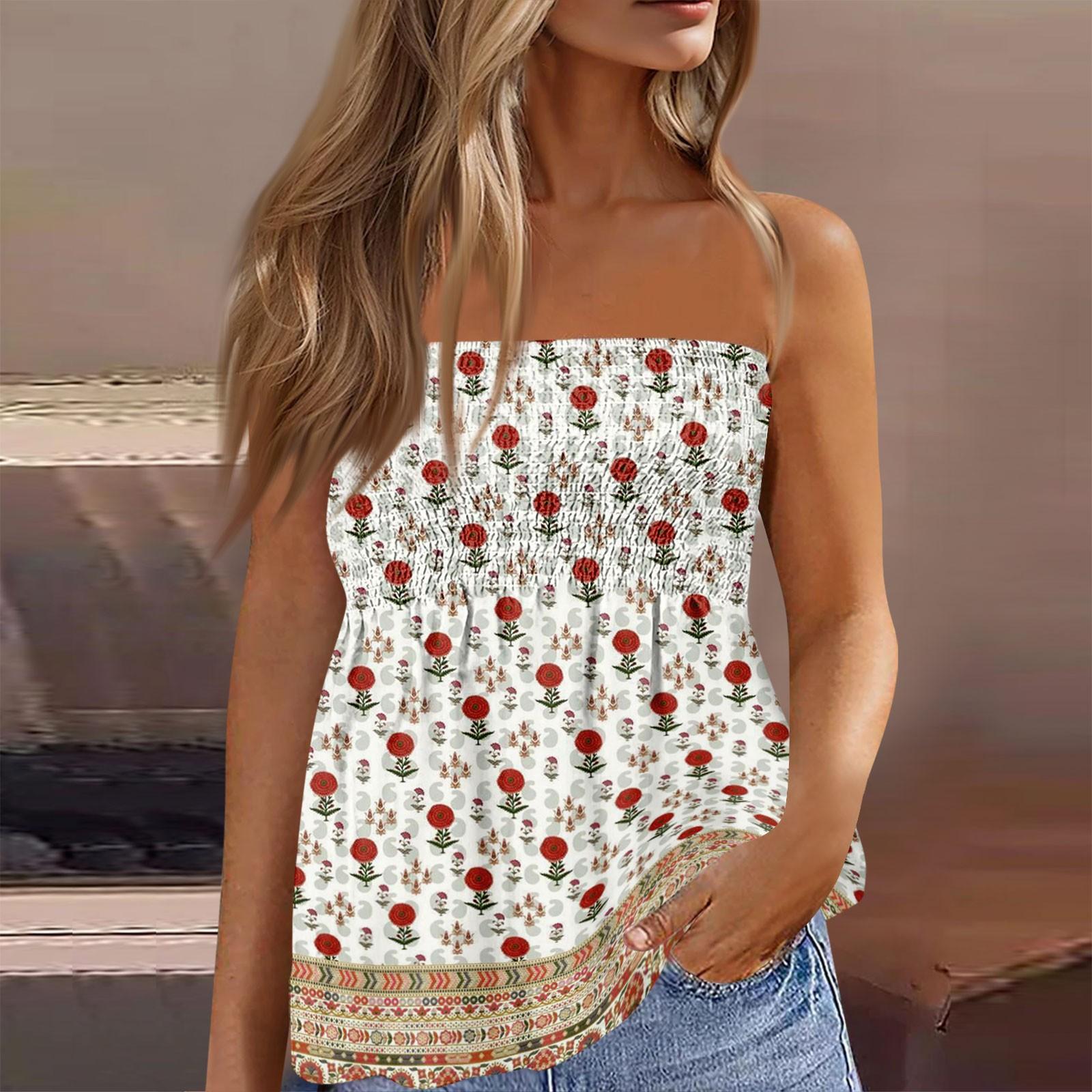 

Womens Tops Dressy Casual Sleeveless Blouse Tube Tops For Women,Cute Sexy Off Shoulder Print Sleeveless T-Shirt M бежевый