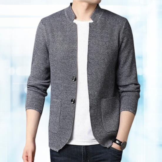Stand Collar Long Sleeve Pockets Single Breasted Knitted Jacket Men Spring Autumn Solid