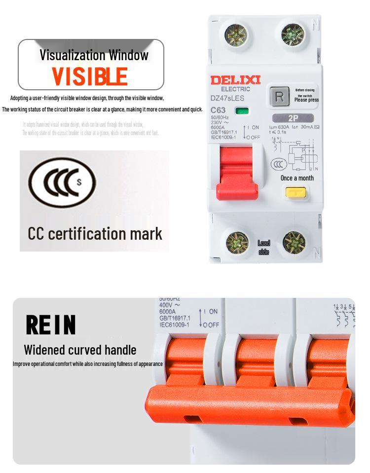Delixi 220V Miniature Air Switch Circuit Breaker 2P with Leakage Protection, 1P+N, 3P, 4P.