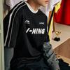 Li-Ning American Retro Letter Logo Stripe Print Round Neck Loose Comfortable Casual Short Sleeve Drop Shoulder T-Shirt Unisex Tops Black AHSU657-2