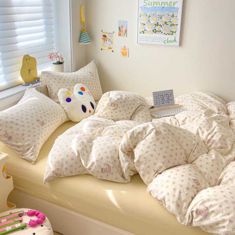 Class A Maternal and Infant Grade Knitted Cotton Double-layer Yarn 4pcs Set, Super Soft Washed Cotton Quilt Cover, Student Dormitory 3pcs Set