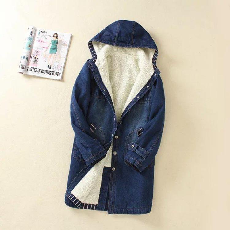 Korean Style Mid-Length Hooded Denim Coat Women Plus Size Fleece Lined Warm Autumn Winter Jacket S