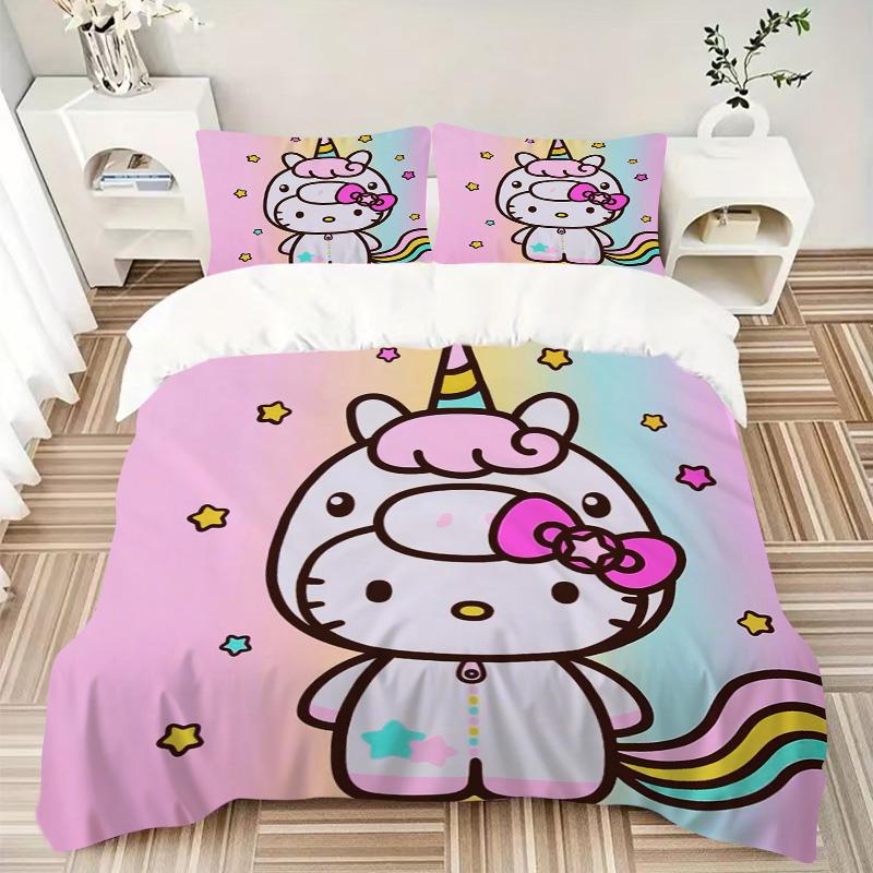 Unicorn Hello Kitty Party Print 3Pcs Bedding Setduvet Cover With 2 Bedropillowcase Home Birthday Gift