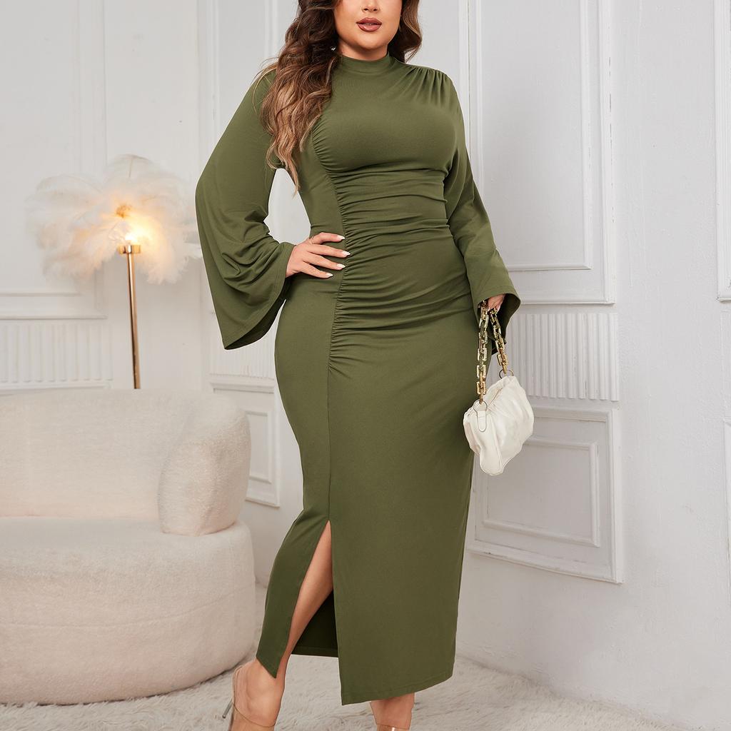 Women's Spring and Autumn Solid Color High Neck Dress Split Slim Elegant Package Hip Skirt