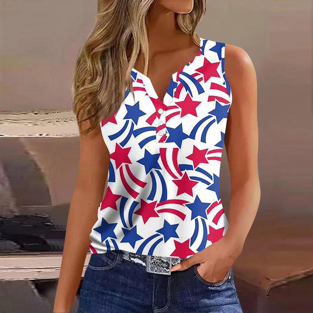 Women's Fashion Casual Sleeveless V-Neck Decorative Button Tee Independence Day Printed Top