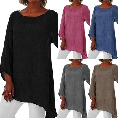 Casual Solid Color Long Sleeve Irregular T-Shirt Women Cotton Linen Tunic Top