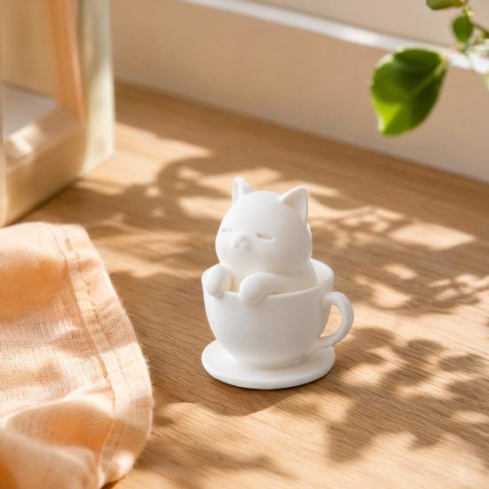 yangyizhi 3D Printed Cute Cat Teacup Figurine, Mini Animal Statue Healing Decor Ornament, Smooth White Desktop Sculpture with Integrated Stable Base,