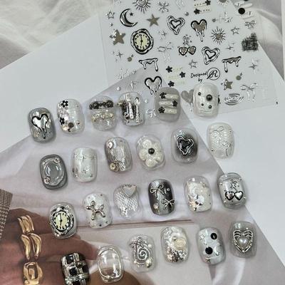 Anello Annuale Lava Argentata Orologio Ciliegia Orologio Starburst Cuore d'Amore Grafico Battito Cardiaco Luna Stella Linea Nodo Linea Adesivi Decalcomanie per Unghie