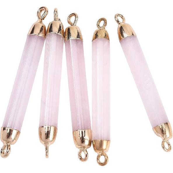 LiQunSweet 5 Pcs Natural Rose Quartz Crystal Stone Charm Connector Gemstones Links with Iron Findings Column Golden Bulk for Jewelry Making DIY