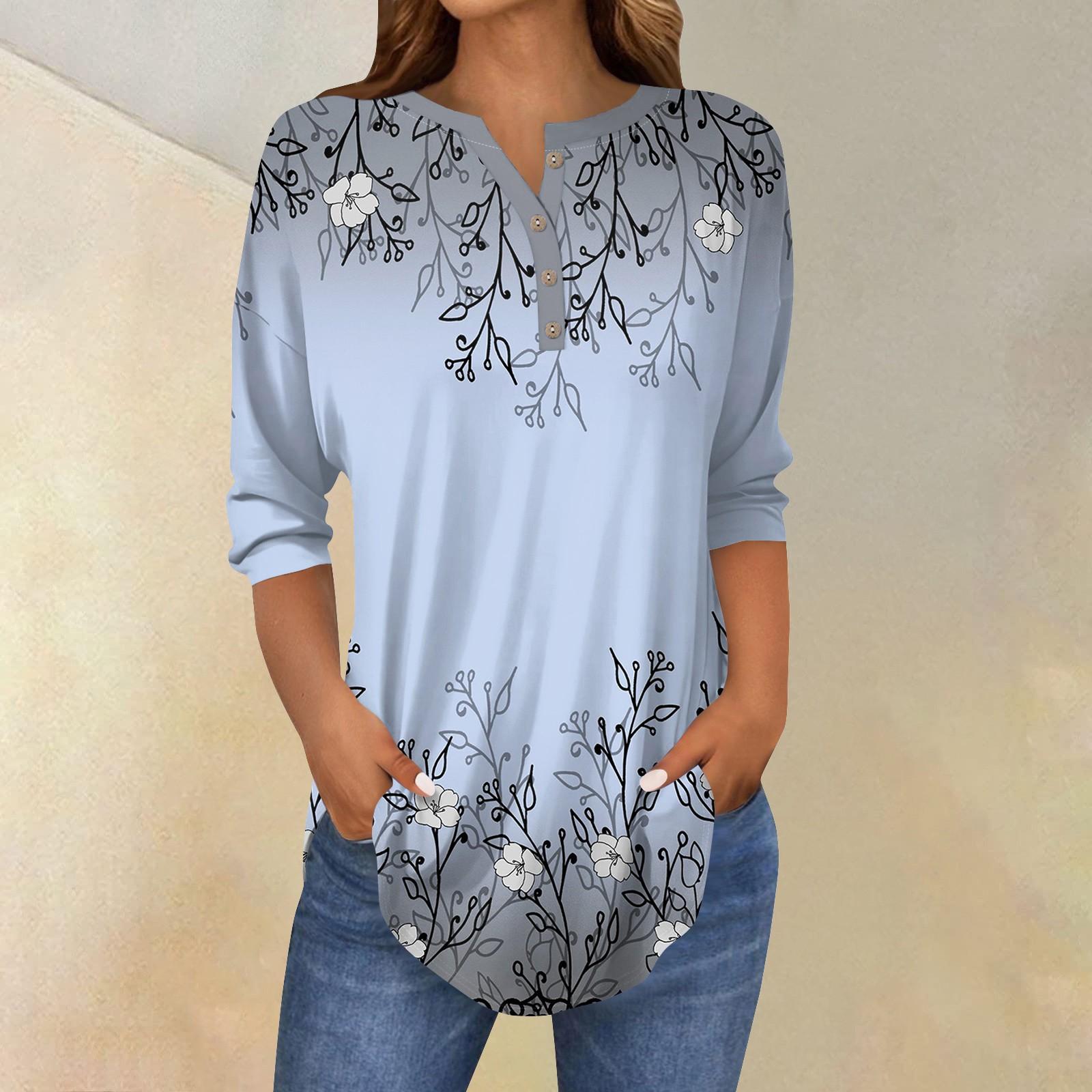 

Женские топы с рукавами 3/4, летние футболки с цветочным принтом и V-образным вырезом, повседневные базовые футболки с пуговицами, туники XXL