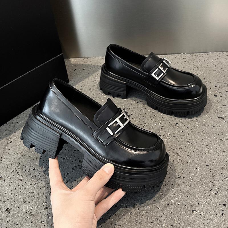 Leather platform loafers women's one-pedal 2025 spring new women's shoes thick heel single shoes versatile British small leather shoes