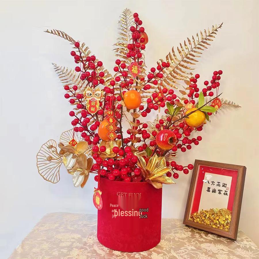 Fortune Bucket New Year Decoration Set - Festive Ornaments for Bedroom and Living Room with Flowers and Fu Character.