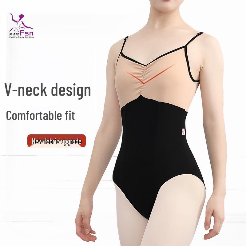 Fushinu Damen Farbblock Geraffte Taille Gymnastiktrikot Ballett Übungskleidung