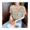 New Summer Round Neck Short-sleeved Women's T-shirt Embroidered Korean Loose and Versatile Age-reducing Striped Top