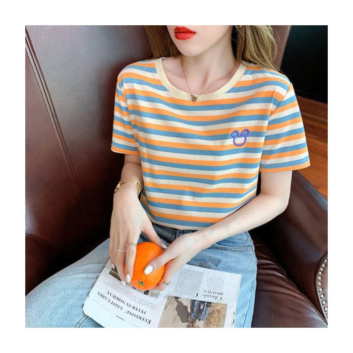 New Summer Round Neck Short-sleeved Women's T-shirt Embroidered Korean Loose and Versatile Age-reducing Striped Top