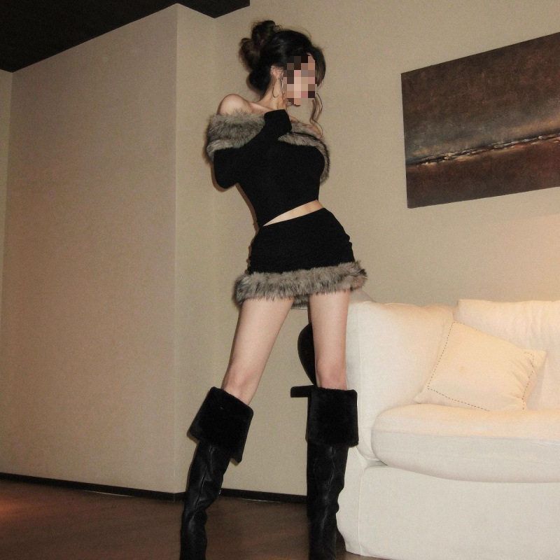 Hot Girl Style Knitted Suit 2025 Autumn and Winter New Style Terry Patchwork One-Shoulder Top High-Waisted Skirt Two-Piece Suit
