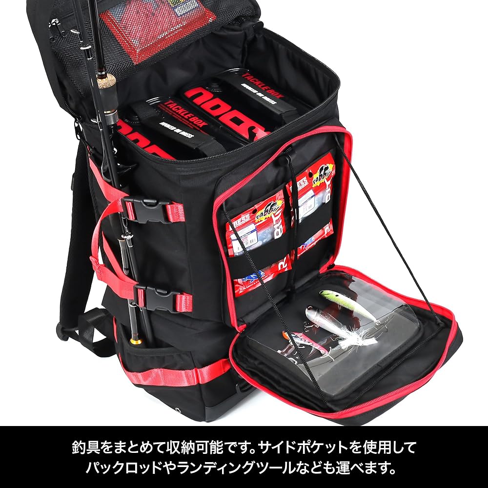[Dress] Large Size Fishing Backpack, Disaster Preparedness, Expandable, Waterproof, Fishing Tackle Bag, Rod Holder, Men's Large Capacity Backpack, Bla