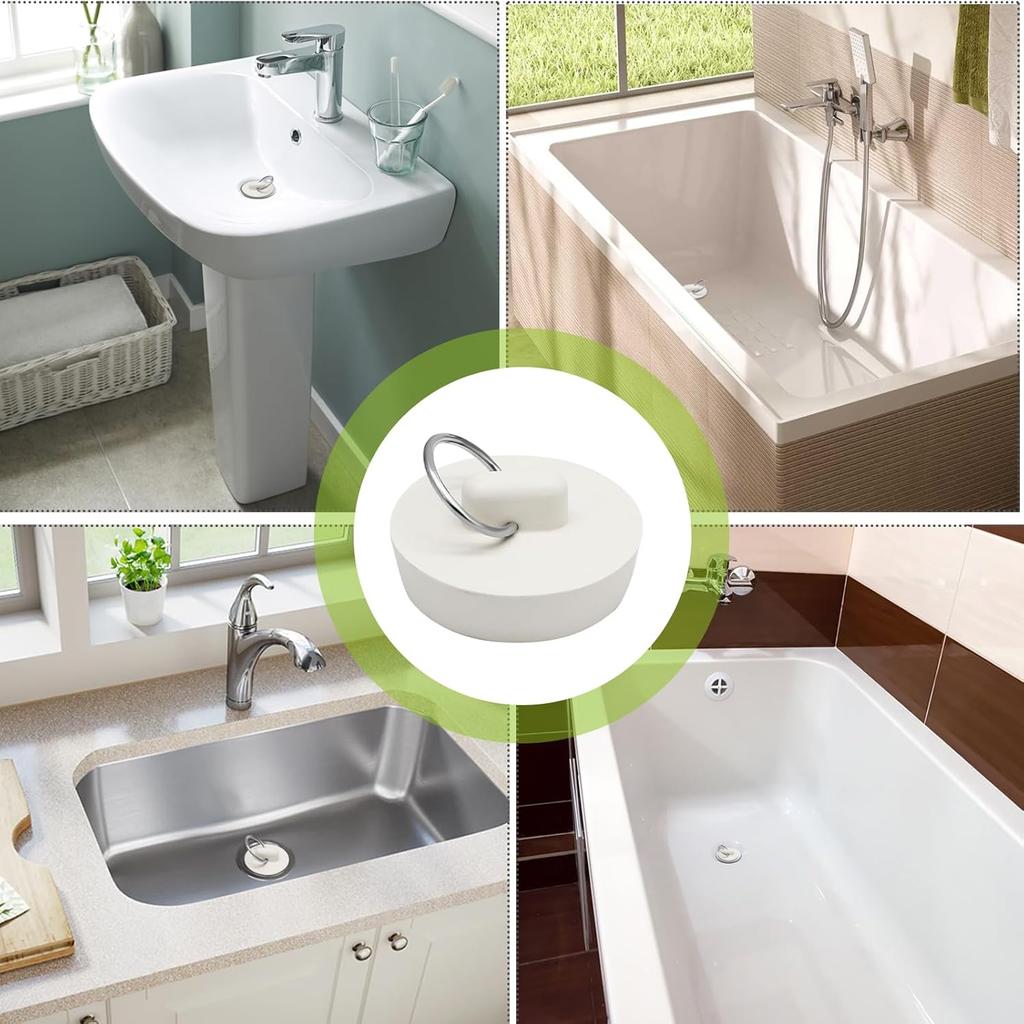 2 PCS 1-1/2 Inch To 1-5/8 Inch Rubber Drain Stopper with Hanging Ring, White Tub Drain Stopper, Sink Stopper Drain Plug, Rubber Sink Plug for
