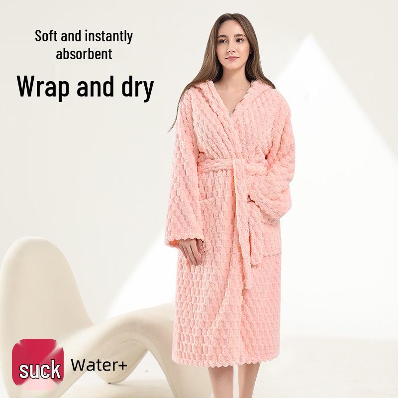 Women's Thickened A-Line Hooded Bathrobe: Pure Cotton, Absorbent & Quick-Drying, Perfect for Autumn/Winter Warmth After Bathing.