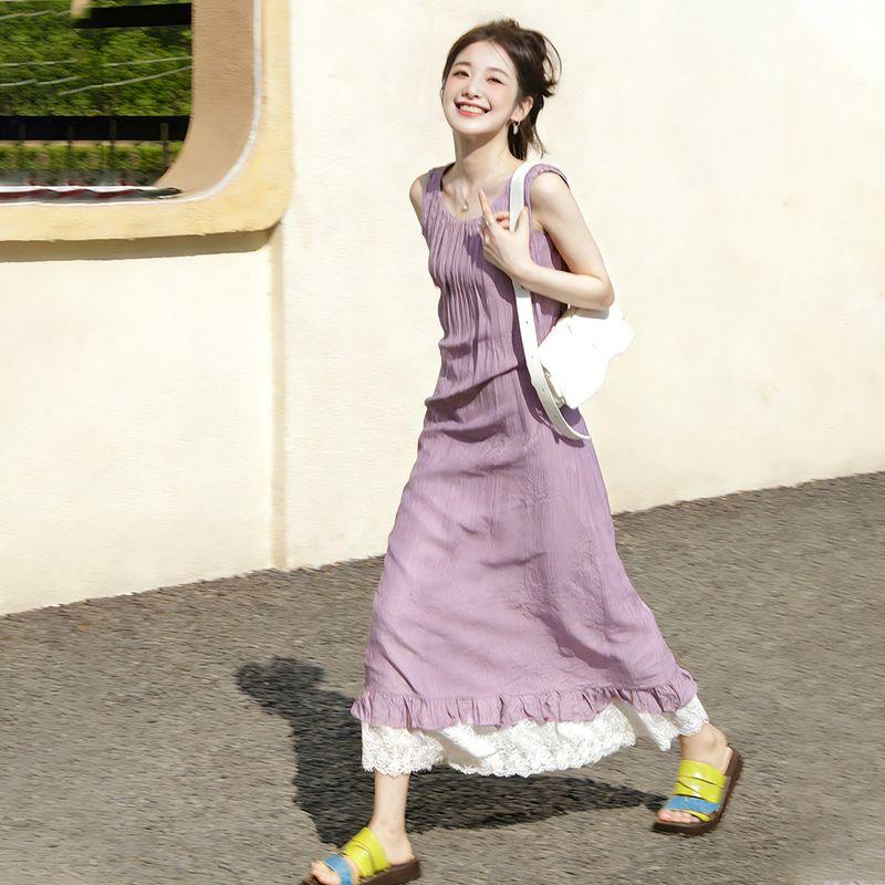 

Purple Lace Patchwork Sleeveless Dress for Women, 2026 Spring New Style, Unique and Super Pretty Tank Dress for Petite Figures Purple S