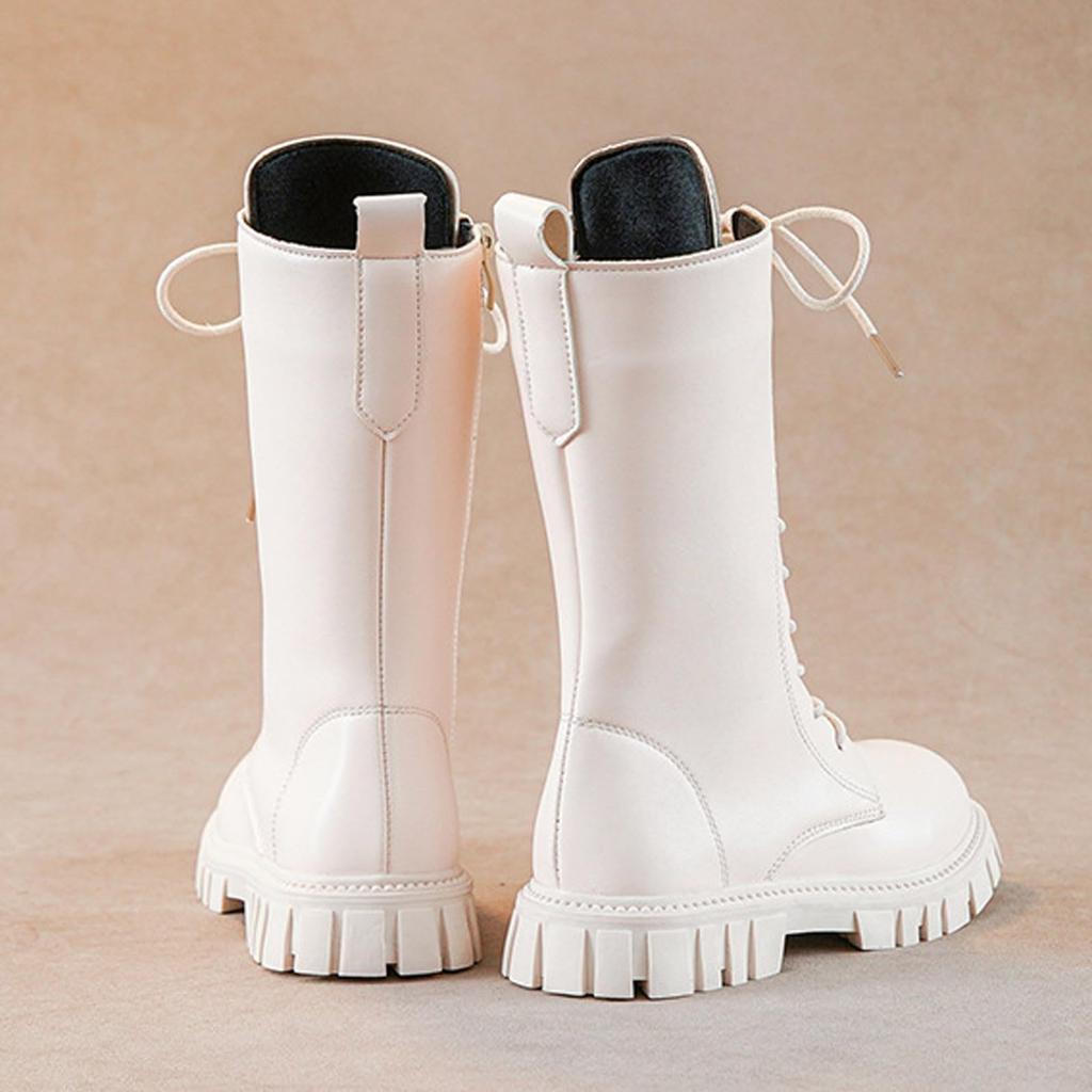 Bottes Blanches à Lacets Bottines Fermeture Éclair Latérale Semelle Souple Cuir Bottes Mi-Haut Habillage/École Équitation Enfant Mode Automne/Hiver