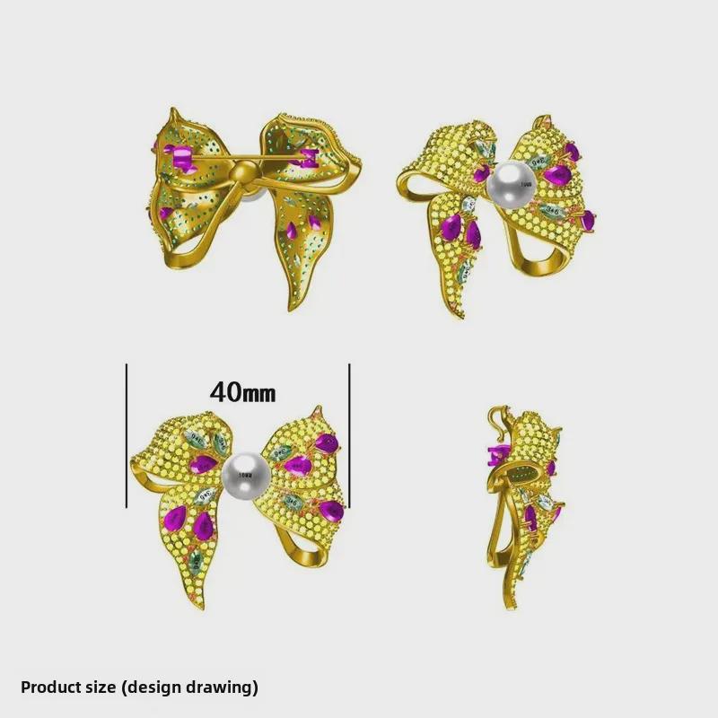 DIY High-Grade Light Luxury Bow Brooch with Gold-Plated Copper, Colored Zircon, and Pearl