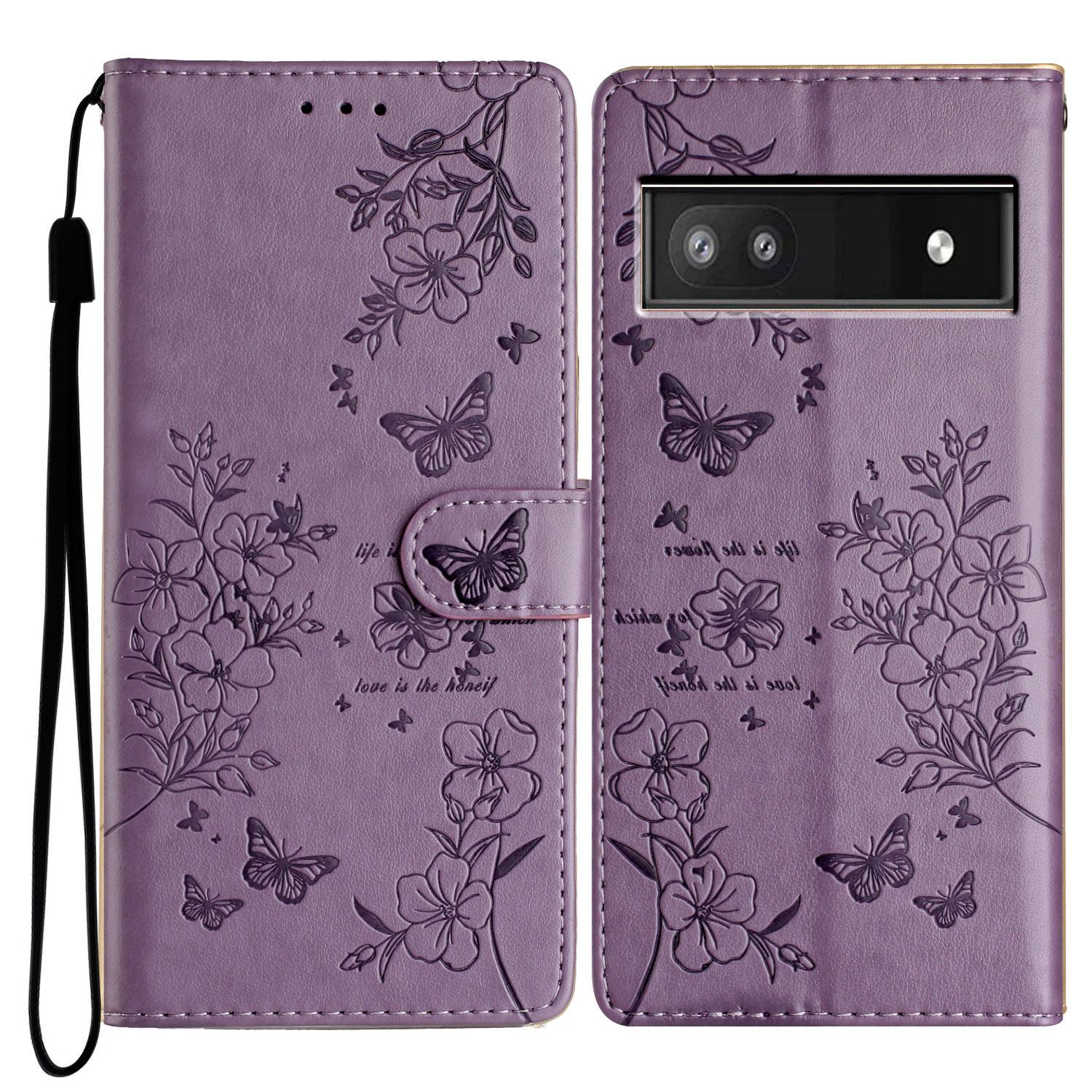 

For Google Pixel 7a Case Butterfly Floral Imprint Leather Stand Phone Cover Purple