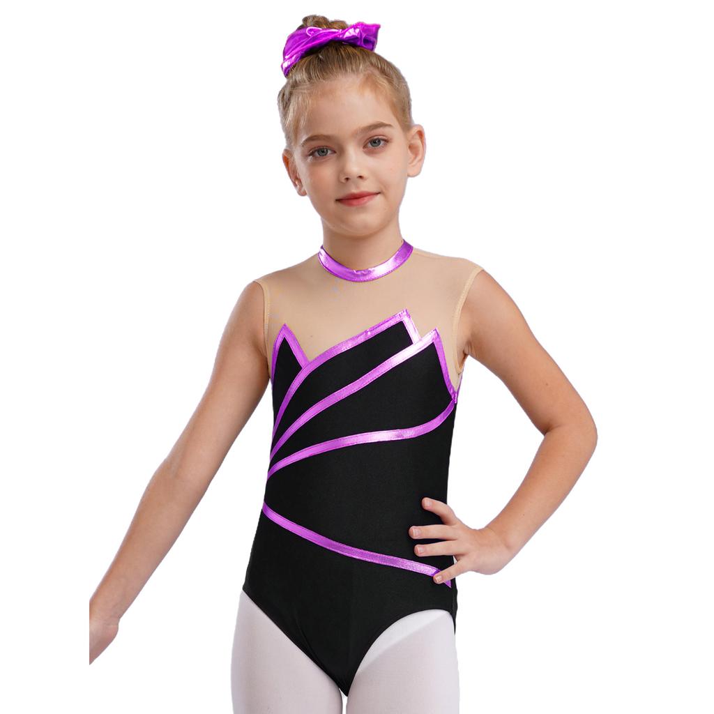 Girls Gymnastics Leotard: Metallic Striped Sheer Mesh Patchwork Keyhole Back Sleeveless Bodysuit for Dance Performance