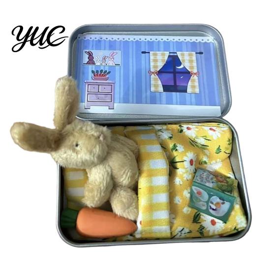 Small Animal Figurine with Tin Box Little Pocket Bunny Plush Toy in Box, Mini Stuffed Rabbit Cute Desktop Ornament for Kids Accessories, Portable