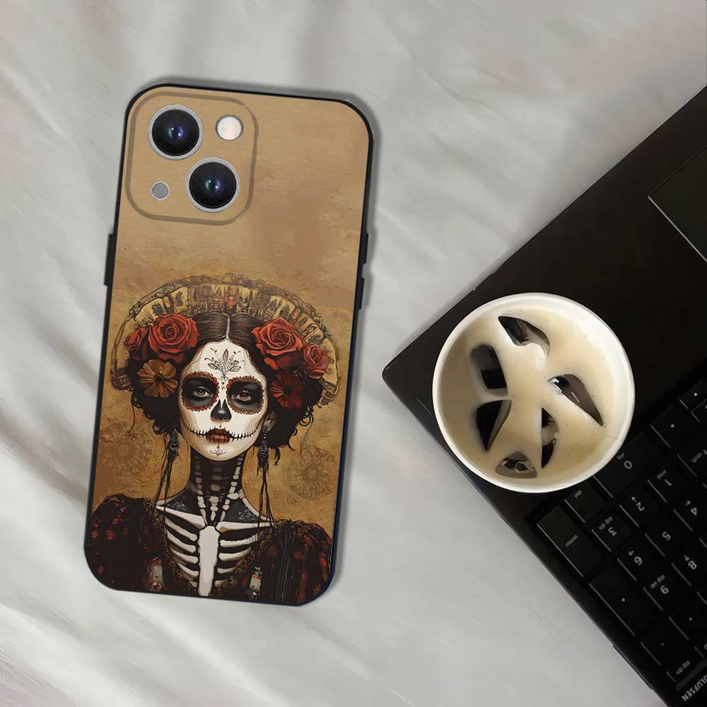 Day of the Dead Mexican Catrina Skull Phone Case For iPhone 17,16,15,14,13,12,11,Pro,XS,Max,XR,Plus,E,SE4,Mini Black Soft Cover
