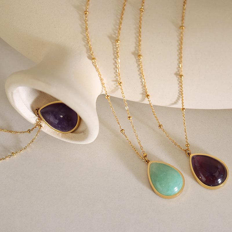 Korean Style Teardrop Oval Pendant Necklace, Natural Raw Stone, Clavicle Chain, Gold-Plated Titanium Steel