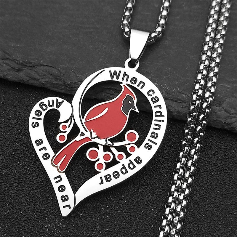 Red Bird Engraved Heart Necklace – Christmas Gift for Boys and Girls