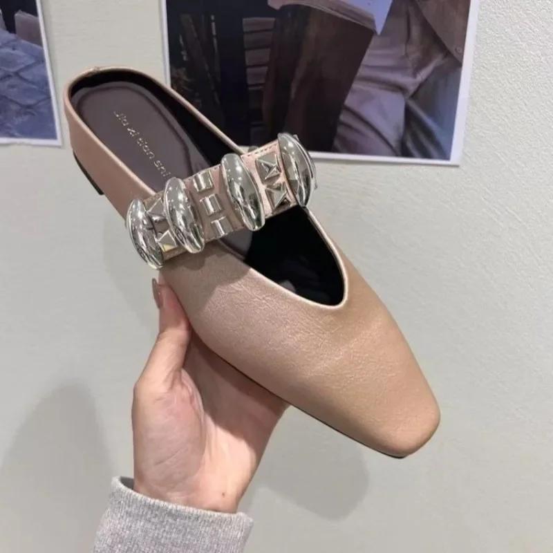 Women Slippers 2025 New Flat Mules Shoes Square Toe Crystal Sandals Summer Elegant Slippers Woman Casual Baotou Slides Women