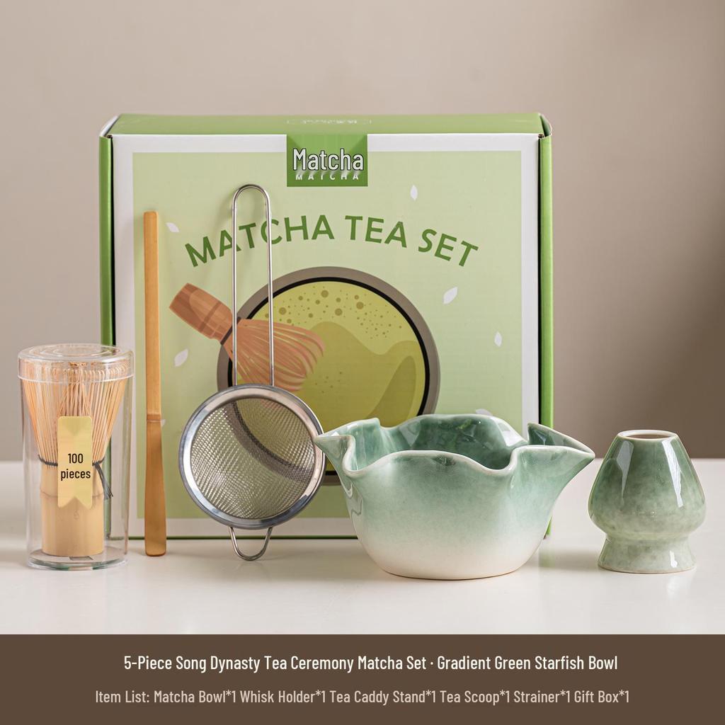 Japanese Lotus Leaf Matcha Bowl Set with Whisk - Tea Ceremony Matcha Mixing Tools