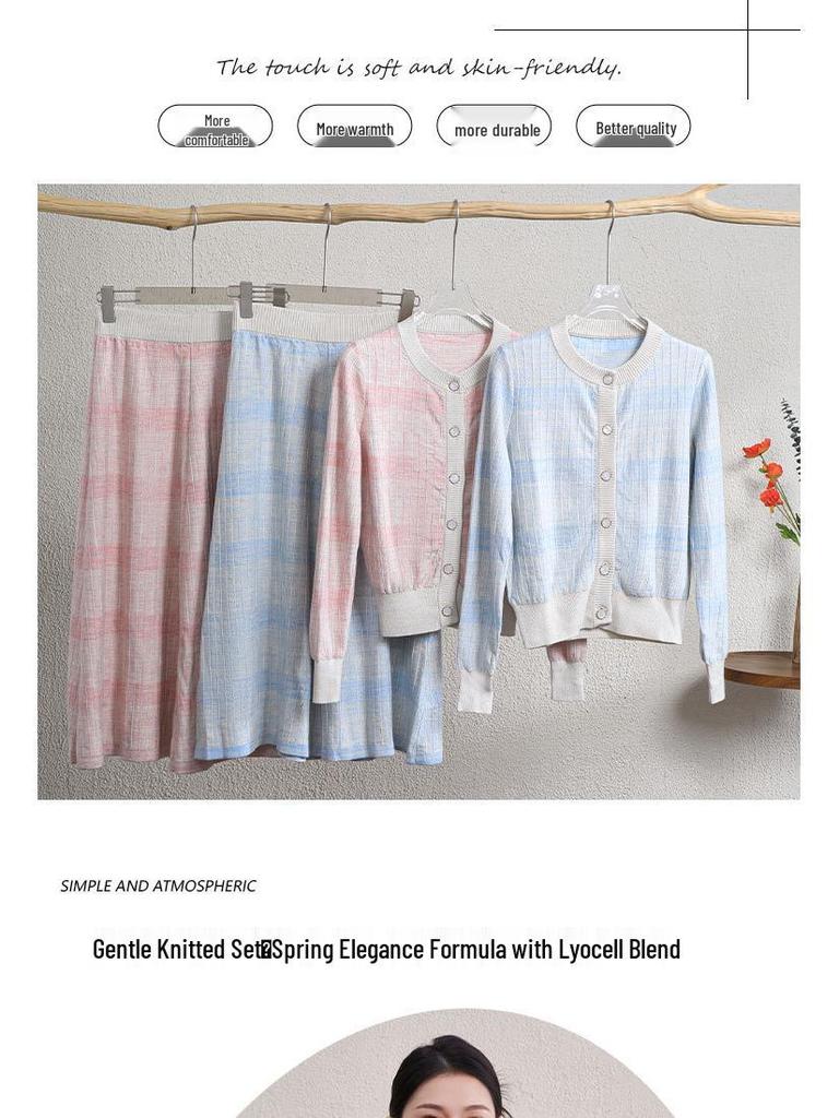 2025 Autumn/Winter Women's Retro Tencel Stripe Knit Top & Midi Skirt Set