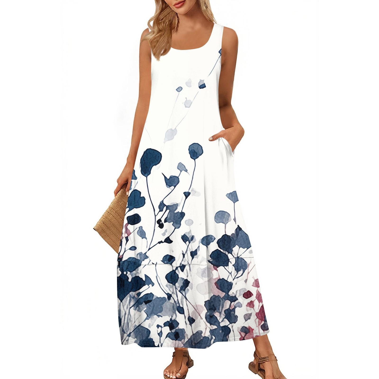 

Women s Fashion Casual Maxi Skirt Summer Beach Skirt Round Neck Sleeveless Loose Floral Print Sundress XL