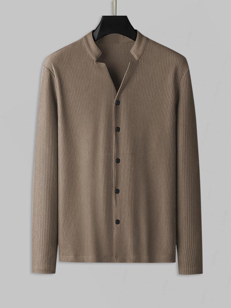 Men's Stand Collar Ribbed Jacquard Weave Button Front Long Sleeves Shirt and Straight Leg Drawstring Pants Set