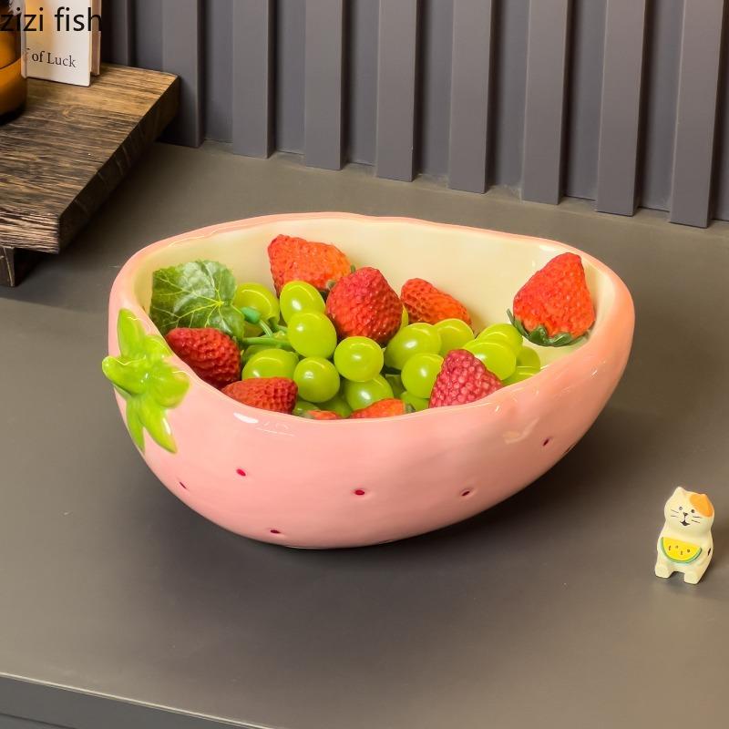 Strawberry Fruit Plate Ceramic Dessert Bowl Decorative Plate Snack Bowl Pastry Plates Toothpick Holder Fruit Fork Storage Jar