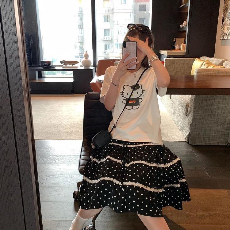 Women's Sweet Black A-line Skirt with Brown Sugar Rose Lace & Polka Dots - Thin Summer Style