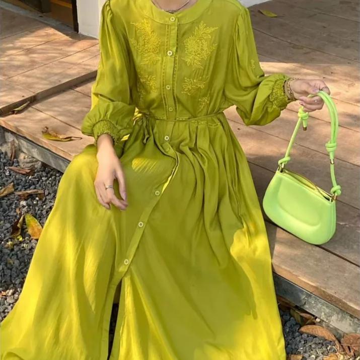 

Весенне-осеннее платье женское с цветочной вышивкой, модное, с оборками и плиссировкой, женские платья с длинным рукавом, свободное женское платье One Size