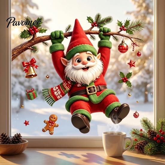 Festive Snowflake Clings Cute Gnome Christmas Static Window Cling, Removable Decal with Holly Bell Home Ornaments Gingerbread Snowflake, Holiday Decor