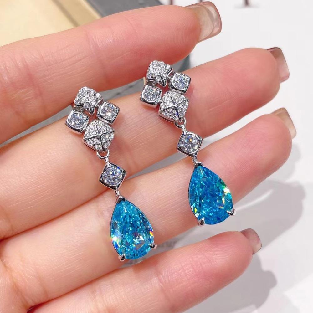 Luxury Santa Maria Aquamarine Stud Earrings High Carbon Diamond Accents Long Dangle Earrings Women Jewelry