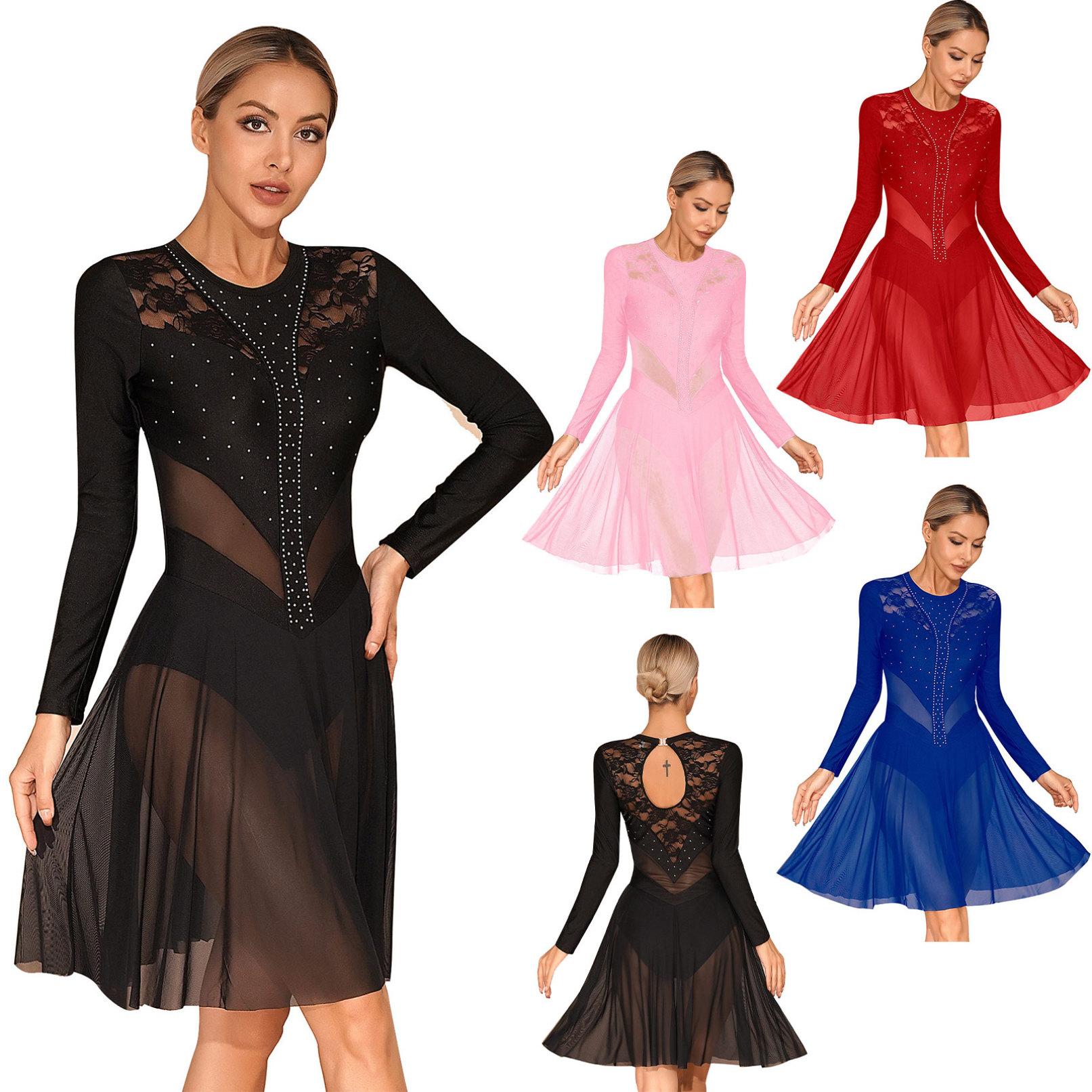 

Жіноча танцювальна сукня зі стразами та замковою щілиною на спині, костюм для фігурного катання, прозора сітчаста сукня з довгим рукавом S червоний